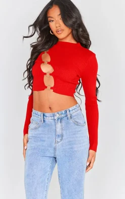 Cherry Red Ring Front Cut Out Long Sleeve Knit Top