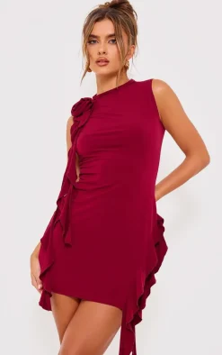 Cherry Red Rose Detail Ruffle Bodycon Dress