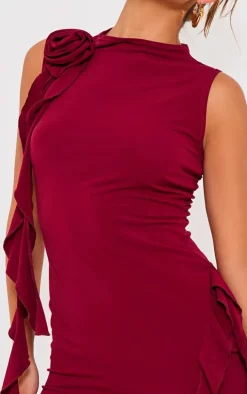 Cherry Red Rose Detail Ruffle Bodycon Dress