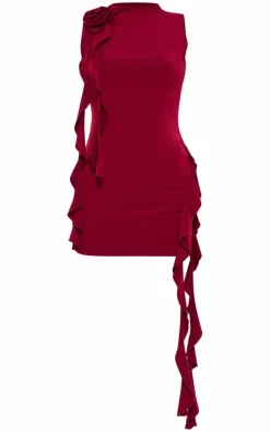 Cherry Red Rose Detail Ruffle Bodycon Dress