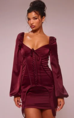 Cherry Red Satin Balloon Sleeve Cup Detail Mini Dress
