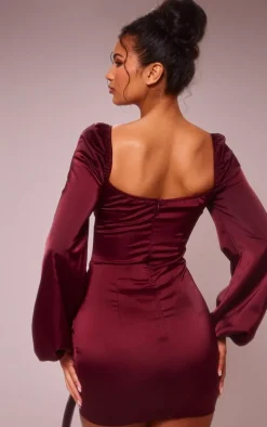 Cherry Red Satin Balloon Sleeve Cup Detail Mini Dress