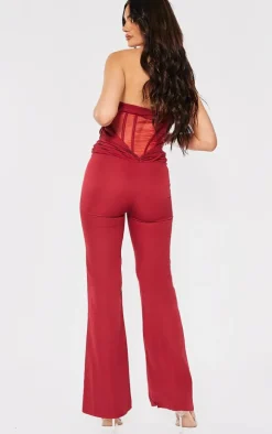 Cherry Red Satin Mesh Corset Panel Strapless Jumpsuit
