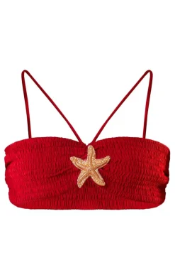 Cherry Red Starfish Trim Crinkle Bikini Top