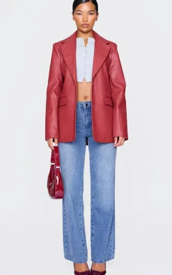 Cherry Red Textured Faux Leather Blazer