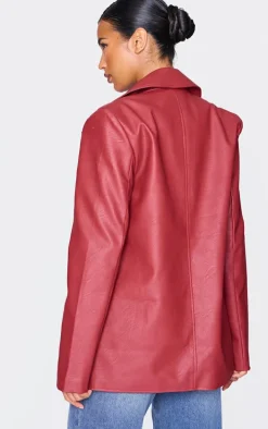Cherry Red Textured Faux Leather Blazer