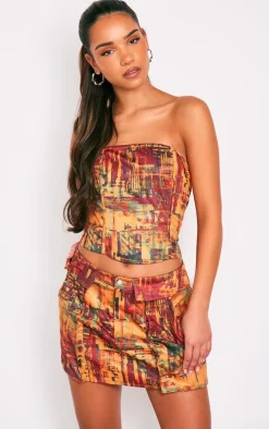 Cherry Red Textured Printed Structured Cargo Style Mini Skirt