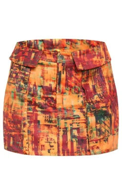 Cherry Red Textured Printed Structured Cargo Style Mini Skirt