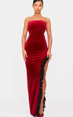Cherry Red Velvet Bandeau Rose Detail Slit Midaxi Dresss