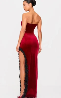 Cherry Red Velvet Bandeau Rose Detail Slit Midaxi Dresss
