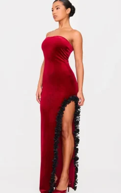 Cherry Red Velvet Bandeau Rose Detail Slit Midaxi Dresss