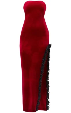 Cherry Red Velvet Bandeau Rose Detail Slit Midaxi Dresss