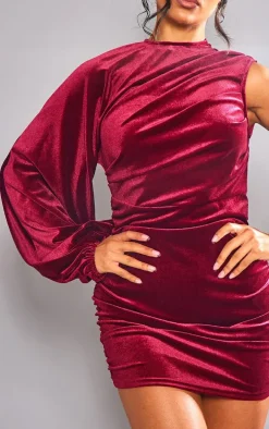 Cherry Red Velvet One Shoulder Ruched Detail Bodycon Dress