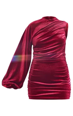 Cherry Red Velvet One Shoulder Ruched Detail Bodycon Dress