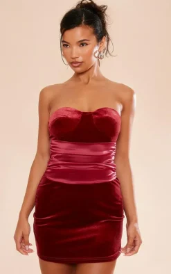 Cherry Red Velvet Satin Detail Bandeau Shift Dress