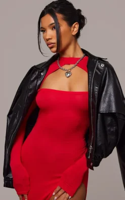 Cherry Red Viscose High Neck Split Maxi Dress