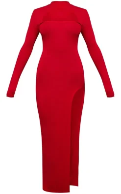 Cherry Red Viscose High Neck Split Maxi Dress