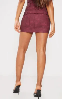 Cherry Red Washed Faux Leather Buckle Detail Mini Skirt
