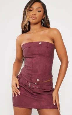 Cherry Red Washed Faux Leather Buckle Detail Mini Skirt