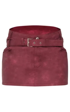 Cherry Red Washed Faux Leather Buckle Detail Mini Skirt
