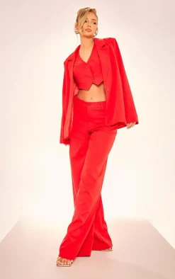 Cherry Red Woven Double Belt Loop Suit Pants