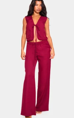 Cherry Red Woven Mid Rise Wide Leg Pants