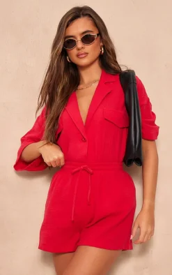 Cherry Red Woven Pocket Detail Short Sleeve Shirt