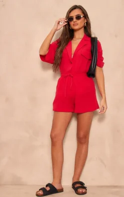 Cherry Red Woven Pocket Detail Short Sleeve Shirt