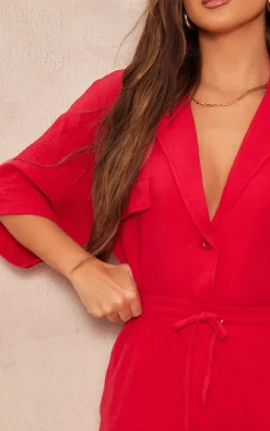 Cherry Red Woven Pocket Detail Short Sleeve Shirt