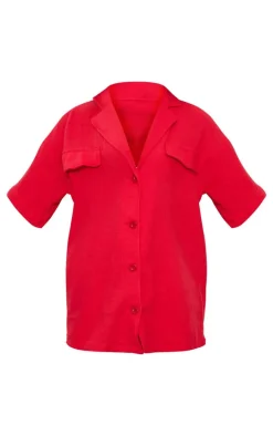 Cherry Red Woven Pocket Detail Short Sleeve Shirt
