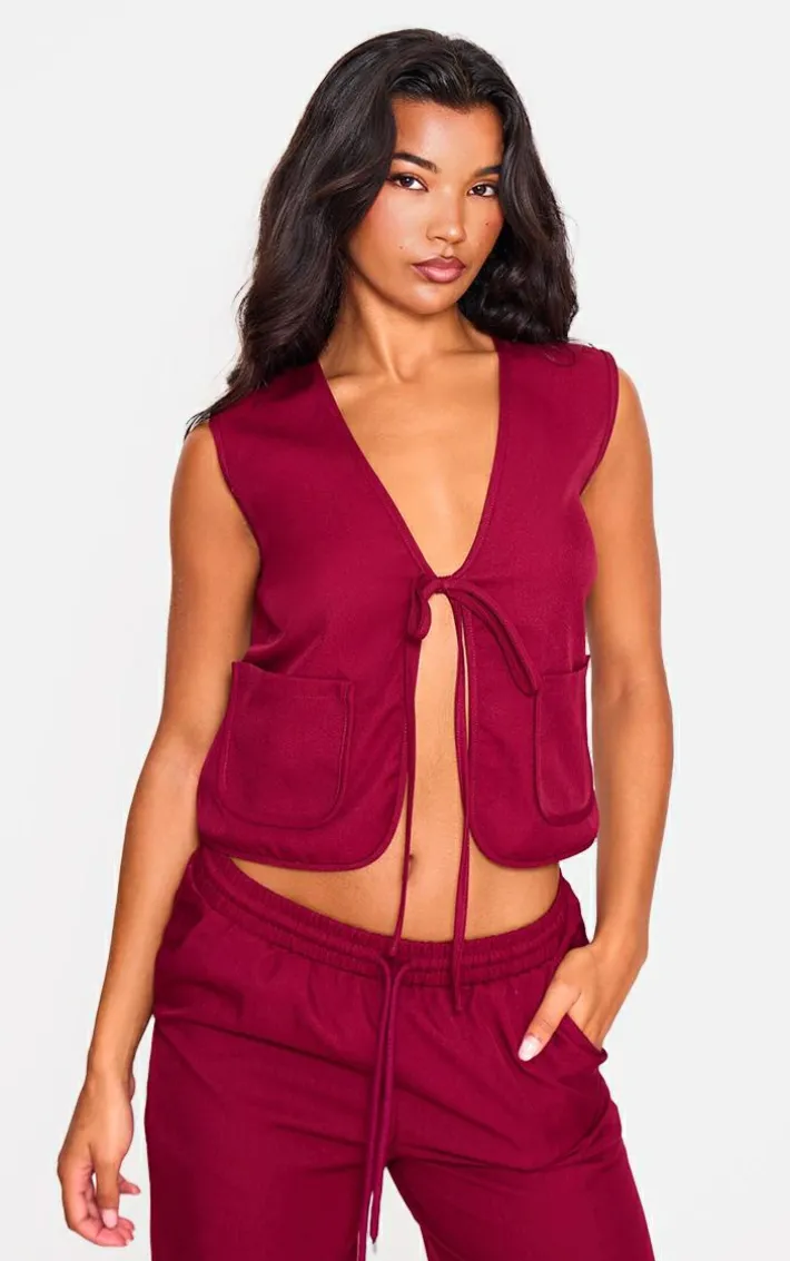 Cherry Red Woven Tie Front Sleeveless Long Top