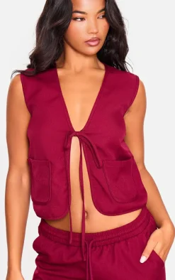 Cherry Red Woven Tie Front Sleeveless Long Top