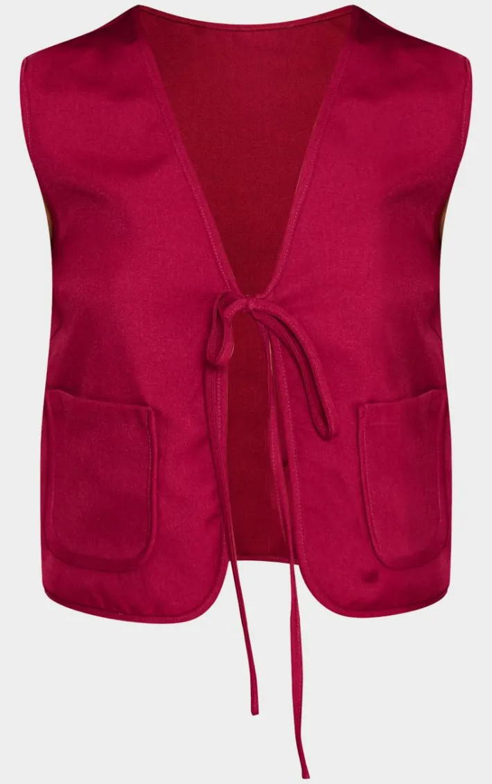 Cherry Red Woven Tie Front Sleeveless Long Top