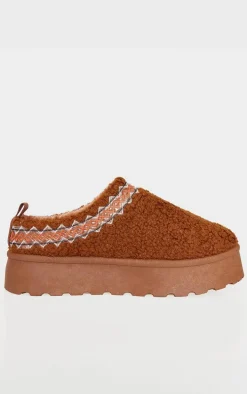 Chestnut Borg Round Toe Slip On Stitched Flats