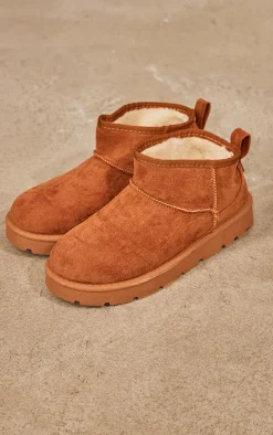 Chestnut Faux Suede Cleated Mini Ankle Boots