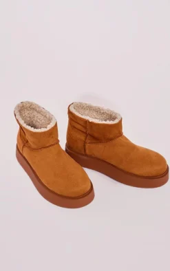 Chestnut Faux Suede Round Toe Thick Flat Sole Ankle Boots