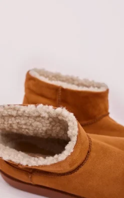 Chestnut Faux Suede Round Toe Thick Flat Sole Ankle Boots