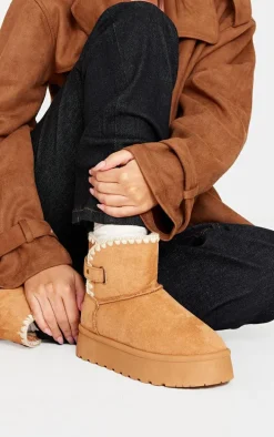 Chestnut Faux Suede Round Toe Stitched Borg Lined Ankle Boots