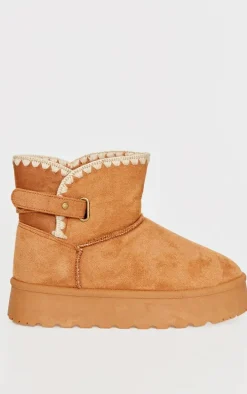 Chestnut Faux Suede Round Toe Stitched Borg Lined Ankle Boots