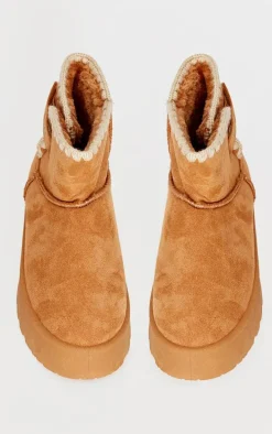 Chestnut Faux Suede Round Toe Stitched Borg Lined Ankle Boots