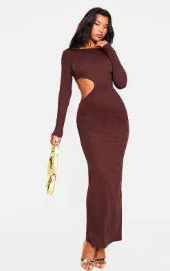 Chocolate Long Sleeve Cut Out Maxi Dress