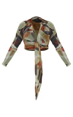 Chocolate Abstract Print Plunge Tie Front Long Sleeve Shirt