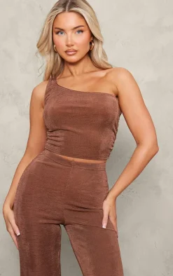 Chocolate Acetate Slinky One Shoulder Ruched Top