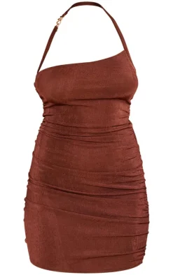 Chocolate Acetate Slinky One Shoulder Trim Detail Bodycon Dress