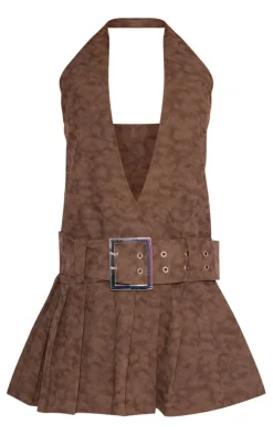 Chocolate Acid Wash PU Belted Pleated Plunge Shift Dress