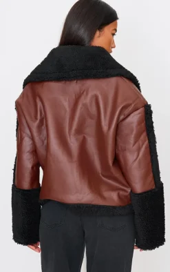 Chocolate And Black Borg Trim Faux Leather Coat