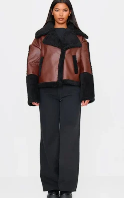 Chocolate And Black Borg Trim Faux Leather Coat