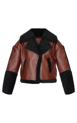 Chocolate And Black Borg Trim Faux Leather Coat