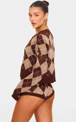 Chocolate Argyle Jacquard Knit Slouchy V Neck Sweater