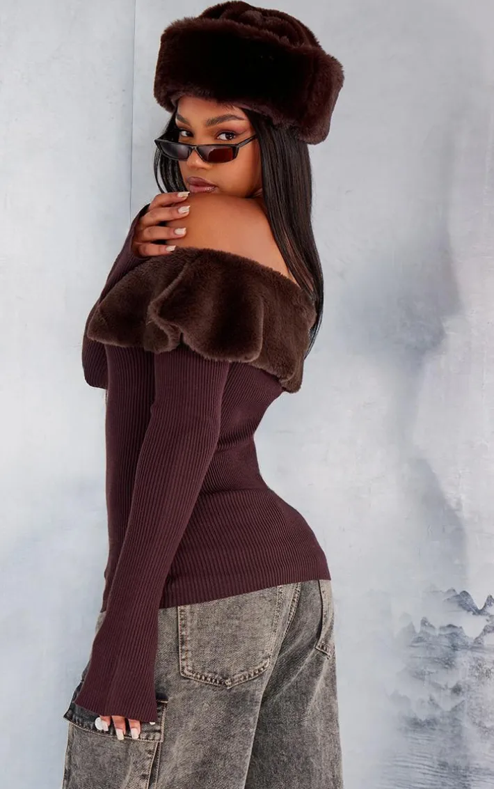 Chocolate Bardot Faux Fur Knitted Top